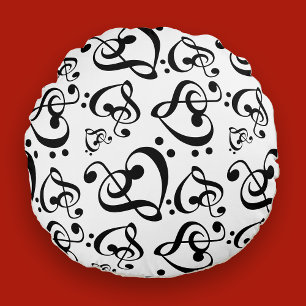 Black White Treble Clef Heart Music Notes Pattern Round Pillow