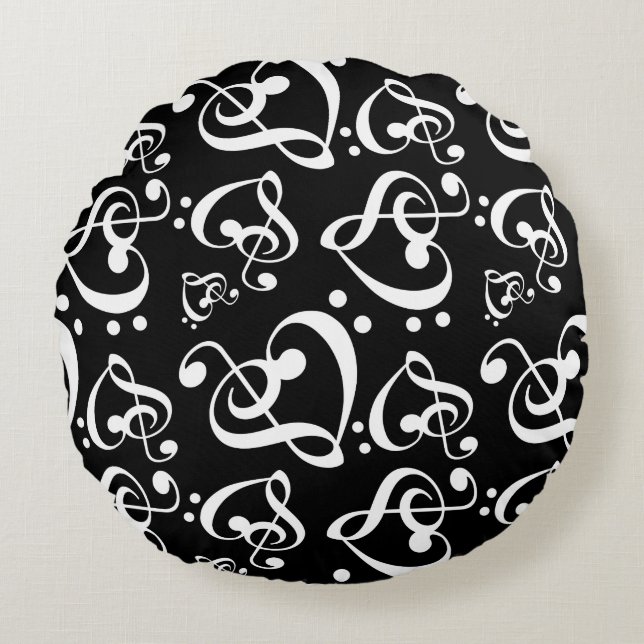 Black White Treble Clef Heart Music Notes Pattern Round Pillow (Front)
