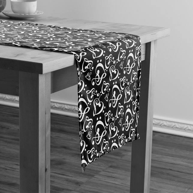 Black White Treble Clef Heart Music Notes Pattern Short Table Runner (Creator Uploaded)