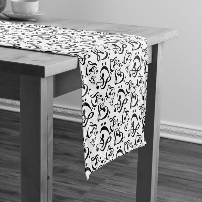 Black White Treble Clef Heart Music Notes Pattern Short Table Runner (Creator Uploaded)