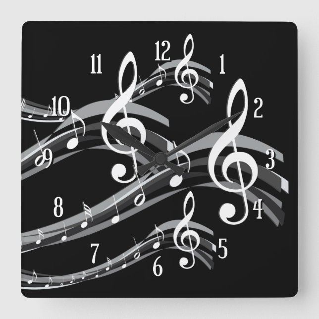Black & White Treble Clef Square Wall Clock (Front)