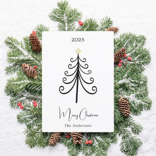 Black white tree boho simple modern Christmas Holiday Card