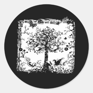 Black & White Tree Butterfly Silhouette Classic Round Sticker