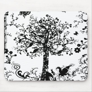 Black & White Tree Butterfly Silhouette Mouse Pad