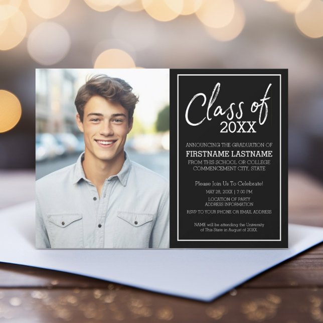 Black & White Trendy Graduation Photo Announcement (Graduation Announcement and Party Invite)