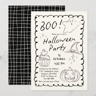 Black & White Trendy Hand Drawn Halloween Party   Invitation