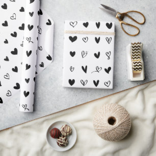 Black White Trendy Hand-Drawn Valentine Hearts Wrapping Paper