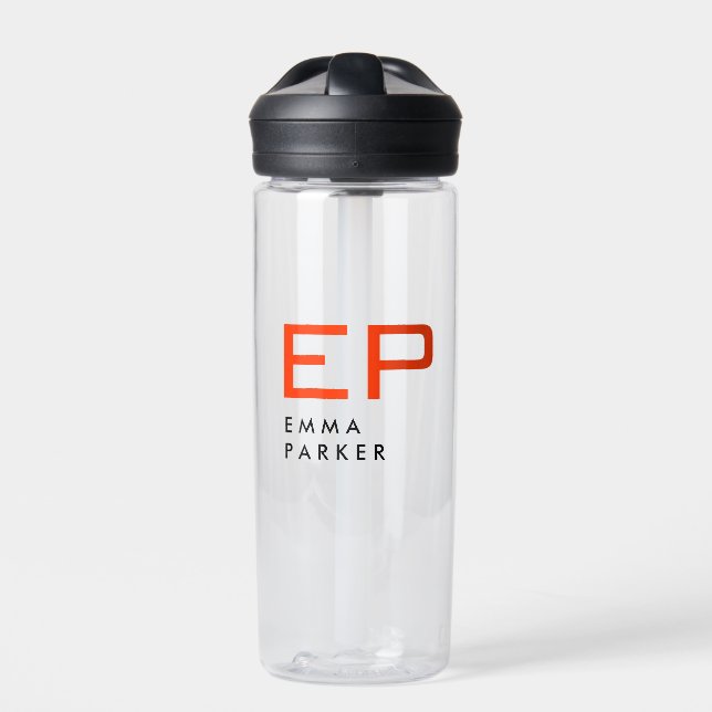Black White Trendy Orange Monogram Water Bottle (Front)