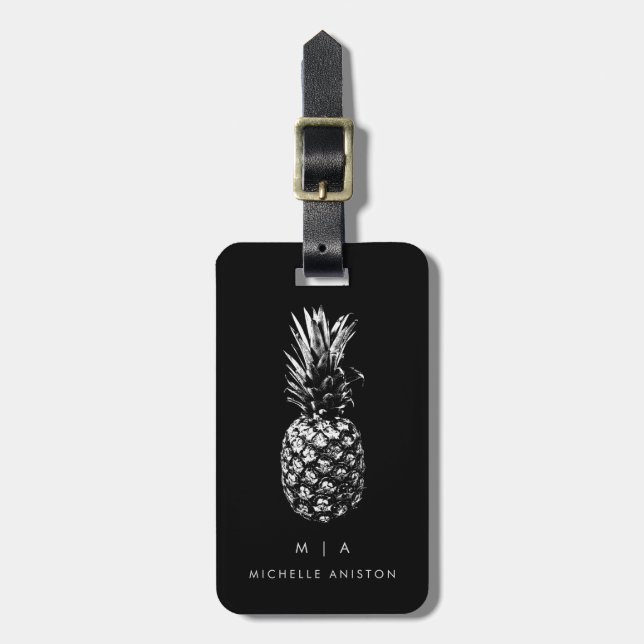 Black white Trendy pineapple | Monogram Custom Luggage Tag (Front Vertical)