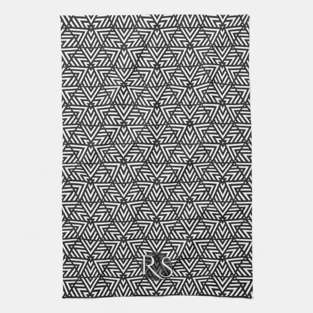 Black+White Triangle Pattern: Monogram Kitchen Kitchen Towel (Vertical)