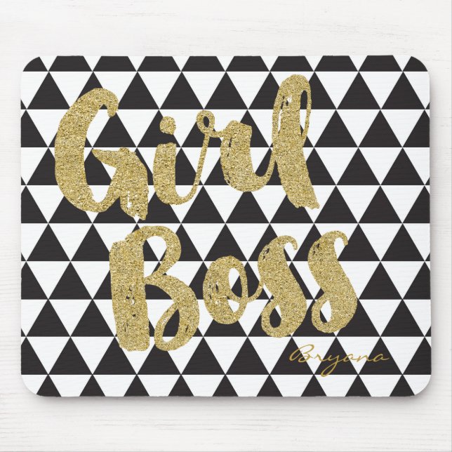Black & White Triangles GIRL BOSS Faux Gold Office Mouse Pad (Front)
