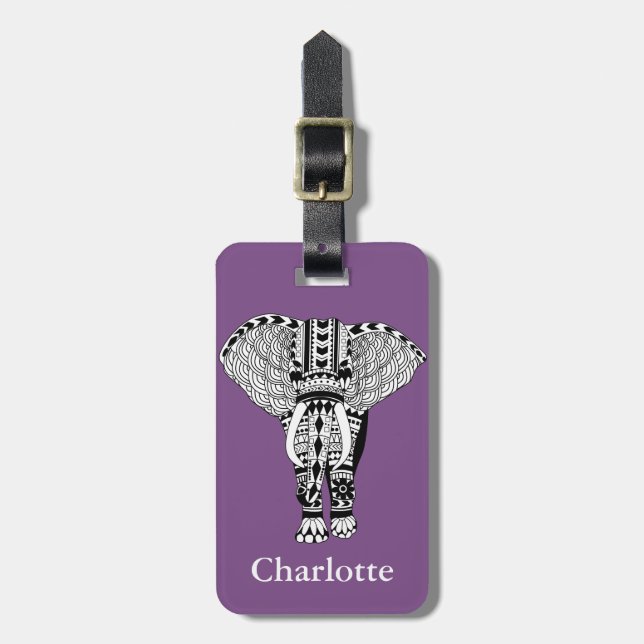 Black & White Tribal Bohemian Elephant Luggage Tag (Front Vertical)