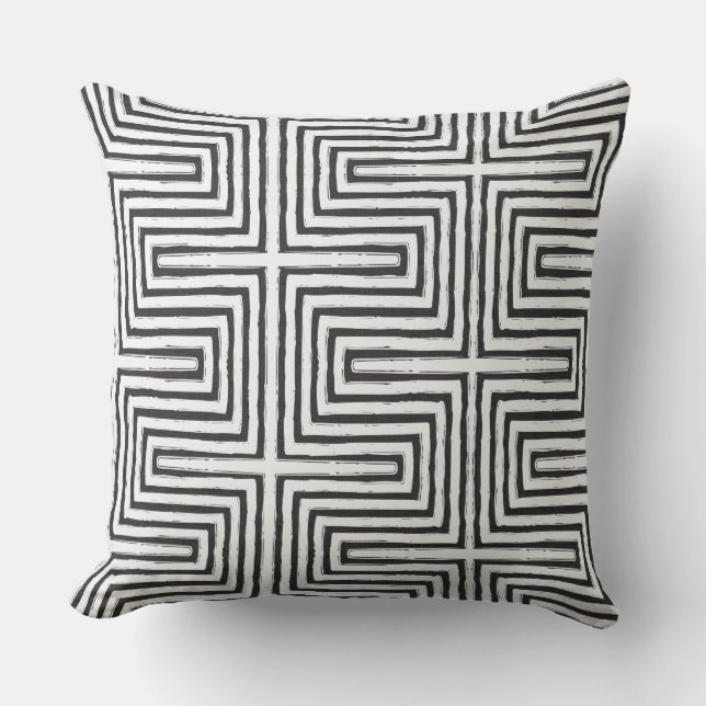 black white Tribal Maze Mud Cloth Pattern African Throw Pillow (Front)