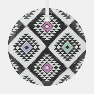 Black White Tribal Navajo Pattern Glass Ornament