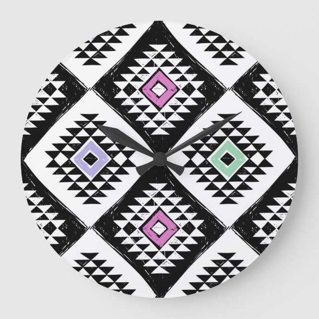 Black White Tribal Navajo Pattern Large Clock (Front)