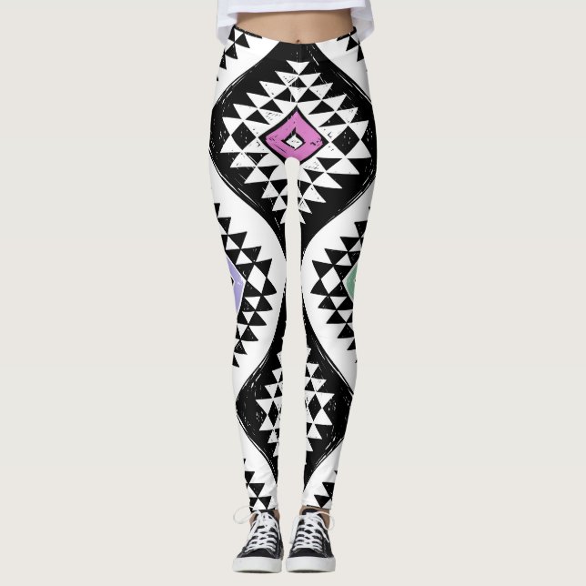 Black White Tribal Navajo Pattern Leggings (Front)