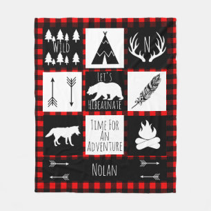 Black & White Tribal Wild Woodlands Red Plaid Fleece Blanket