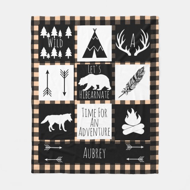 Black & White Tribal Wild Woodlands Taupe Plaid Fleece Blanket (Front)