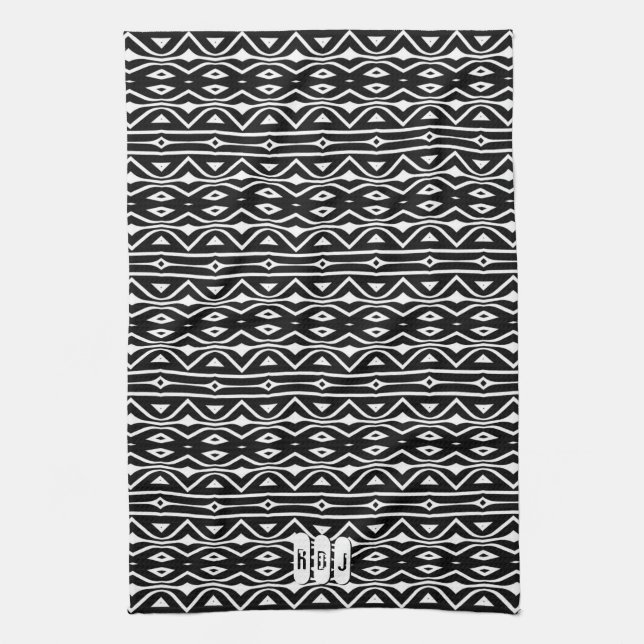 Black White Tribe Pattern: Monogram Kitchen Decor Towel (Vertical)