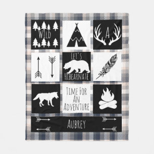 Black & White Tribe Wild Woodland Grey Cream Plaid Fleece Blanket