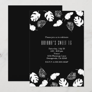 Black & White Tropical Leaves Elegant Chic Party Invitation