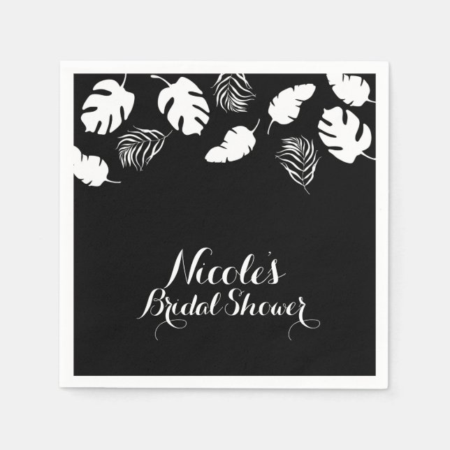 Black & White Tropical Leaves Elegant Chic Party Napkin (Front)