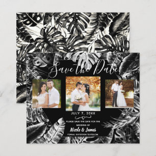 Black White Tropical Leaves Wedding Save the Date 