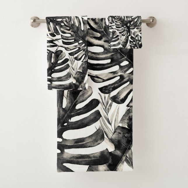 Black & White Tropical Palm Leaves Island Chic Bath Towel Set (Insitu)