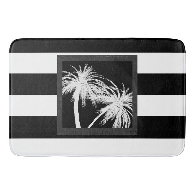 Black & White Tropical Palm Trees Modern Chic Bath Mat (Front)