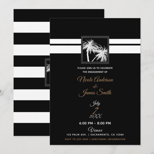 Black White Tropical Palm Trees Modern Engagement Invitation (Front/Back)