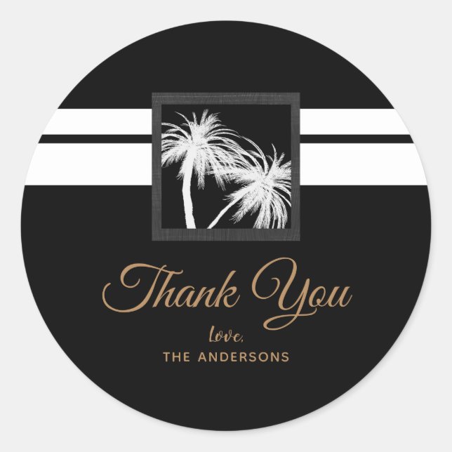 Black & White Tropical Palm Trees Modern Wedding Classic Round Sticker (Front)