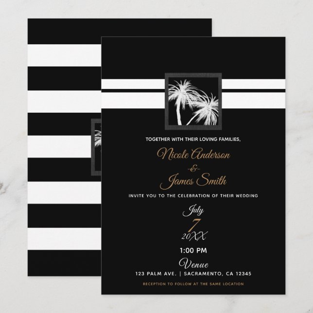 Black & White Tropical Palm Trees Modern Wedding Invitation (Front/Back)