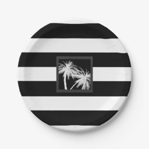 Black & White Tropical Palm Trees Modern Wedding Paper Plate