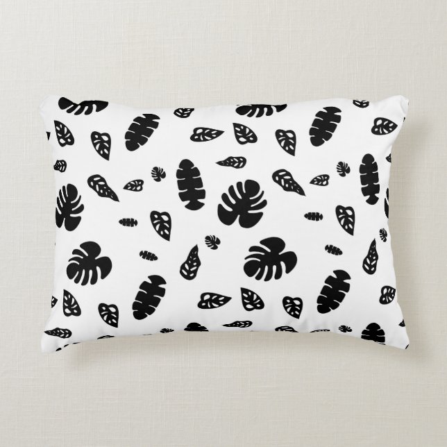 Black & White Tropical Summer Leaves Pattern Accent Pillow (Front)