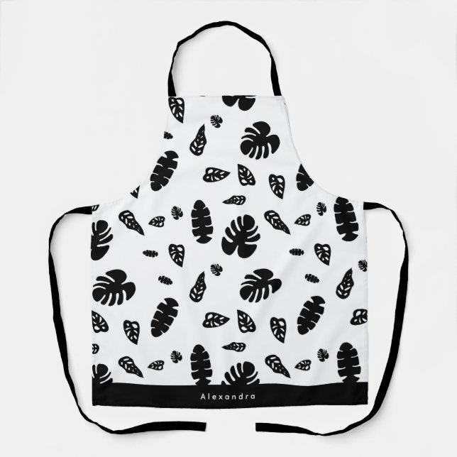 Black & White Tropical Summer Leaves Pattern Apron (Front)