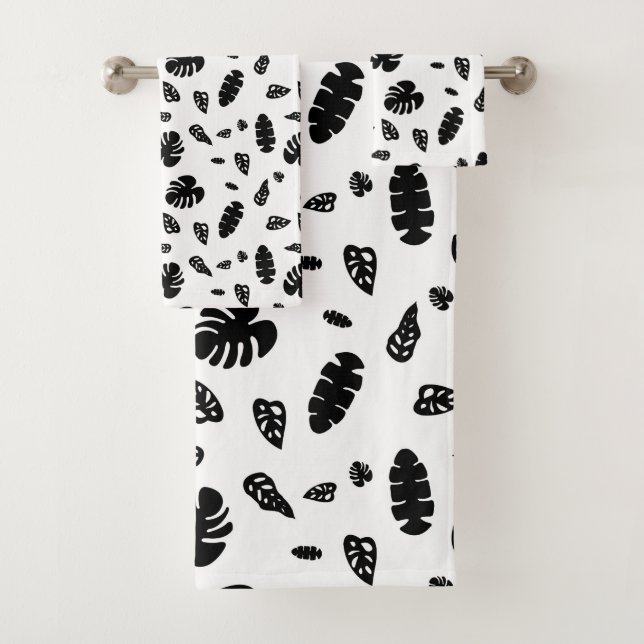Black & White Tropical Summer Leaves Pattern Bath Towel Set (Insitu)