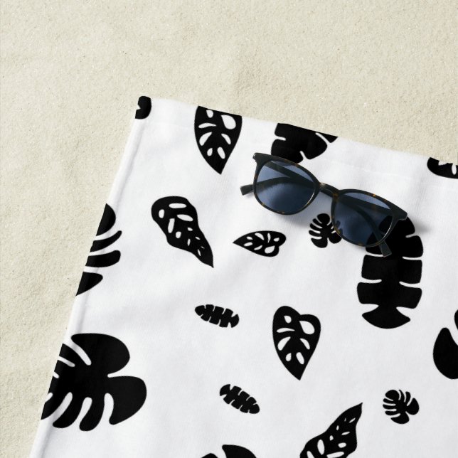 Black & White Tropical Summer Leaves Pattern Beach Towel (In Situ)