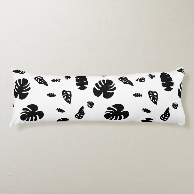 Black & White Tropical Summer Leaves Pattern Body Pillow (Front)