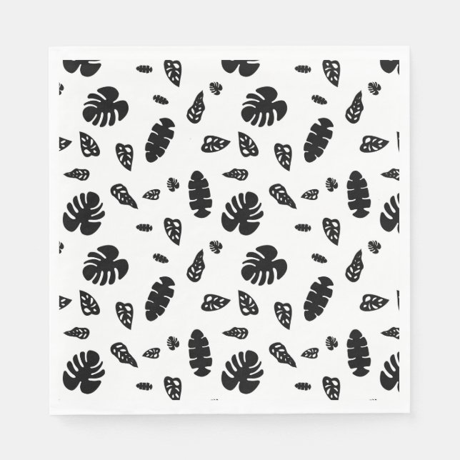 Black & White Tropical Summer Leaves Pattern Napkin (Front)