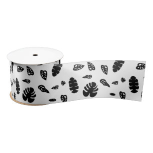 Black & White Tropical Summer Leaves Pattern Satin Ribbon