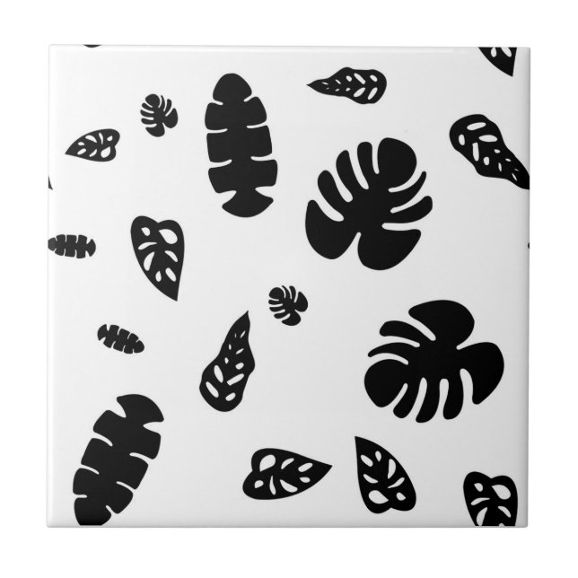 Black & White Tropical Summer Leaves Pattern Tile (Front)