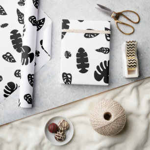 Black & White Tropical Summer Leaves Pattern Wrapping Paper