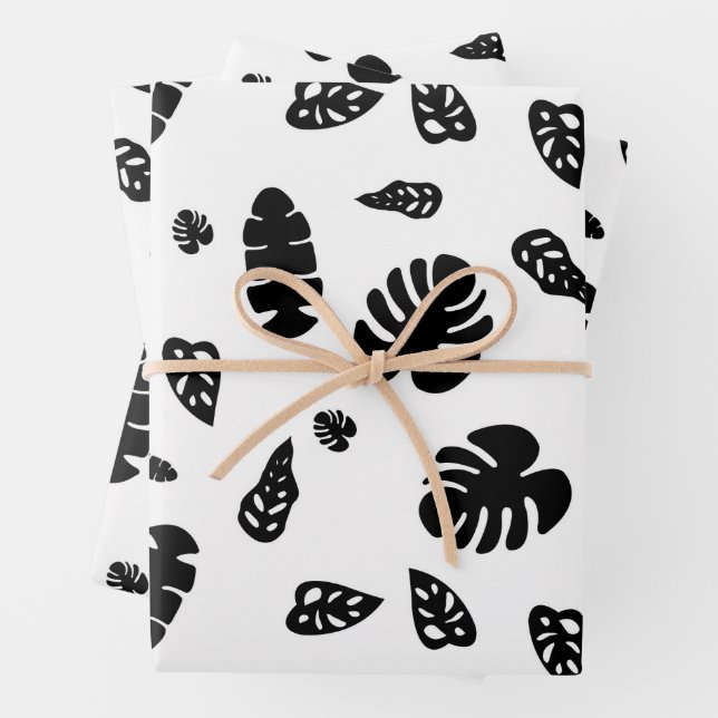 Black & White Tropical Summer Leaves Pattern Wrapping Paper Sheet (In situ)