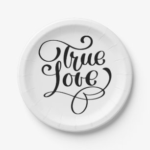 Black & White True Love Typography Wedding Party Paper Plate