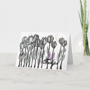 Black White Tulip Flowers Pen And Ink Sketch Art Card