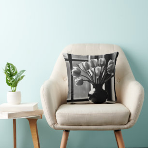 Black White Tulip Still Life, Throw Pillow