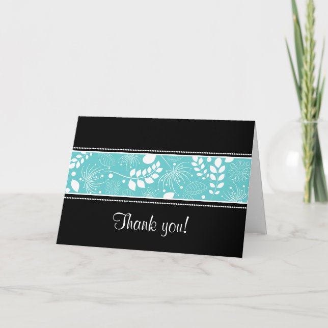 Black white turquoise border Thank you card (Front)