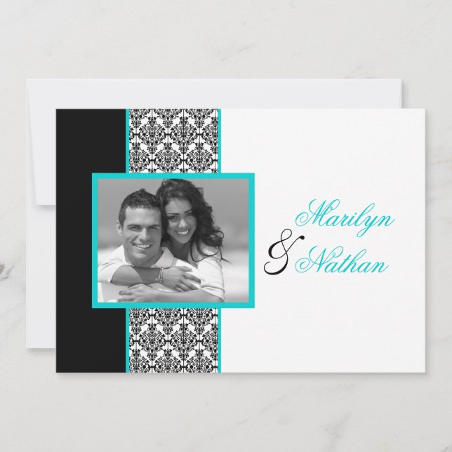 Black White Turquoise Damask Photo Wedding Invite (Front)