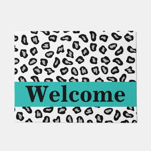 Black White Turquoise Leopard Skin Pattern Welcome Doormat (Front)