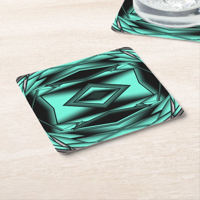 Black White Turquoise Ombre Modern Abstract Art Square Paper Coaster (Angled)